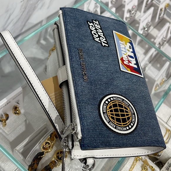 Michael Kors Jet Set Travel Lg Embellished Denim Wristlet Wallet Phone Patches - Picture 7 of 16